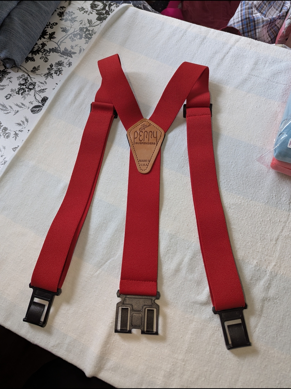 Perry Red Adjustable Elastic Leather Suspenders Clip Attachment
